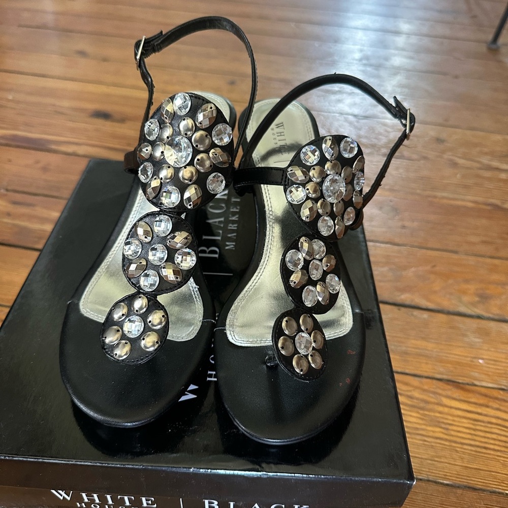 White House Black Market Black T-Strap Wedge Sandals
